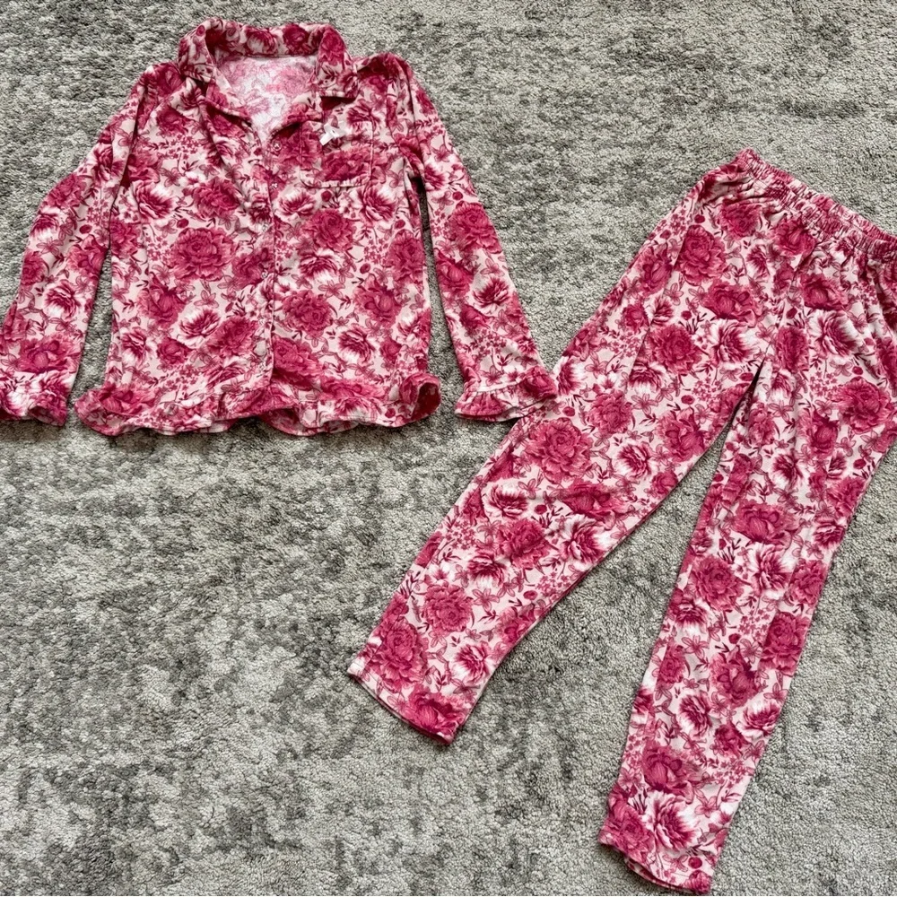 Betsey Johnson Girls Floral Fleece Pajama Set Pink Button Top Size 10